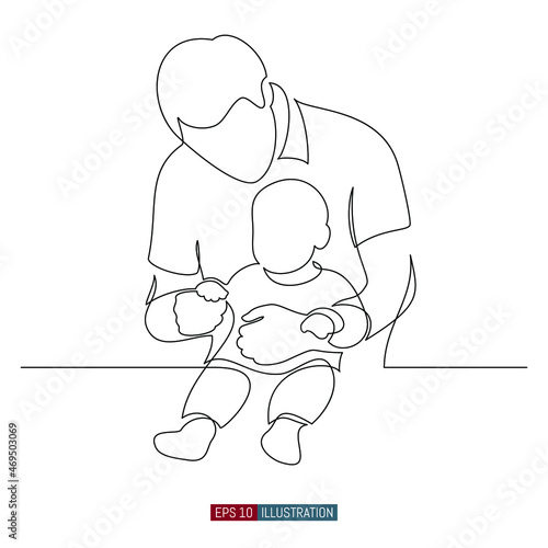 Continuous line drawing of A man holds a child in his arms. Father and baby. Template for your design. Vector illustration.