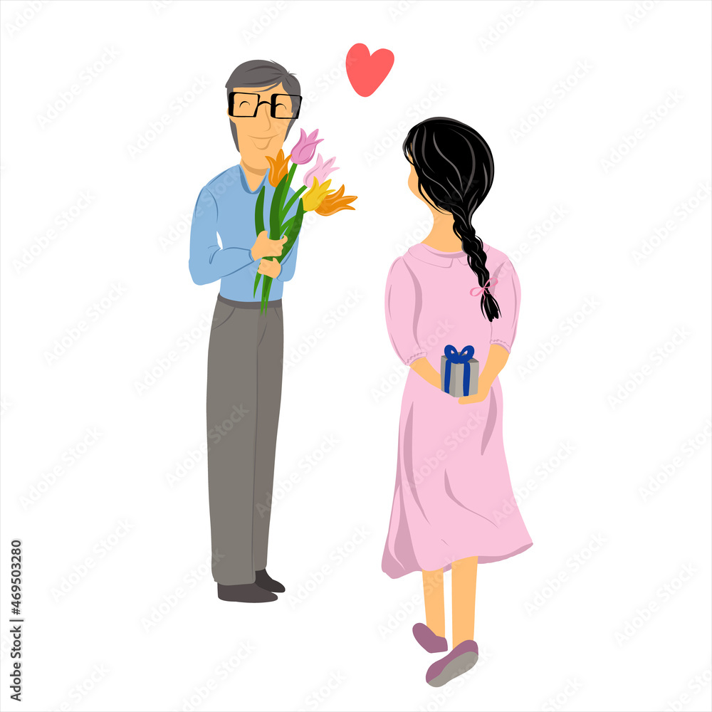A young man with a bouquet of tulips in his hands stands with a girl who is holding a gift box in her hands. Romantic date. Anniversary. Congratulation. A meeting. Flat style. A young man with a bouquet of tulips in his hands stands with a girl who is holding a gift box in her hands. Romantic date. Anniversary. Congratulation. A meeting. Flat style.