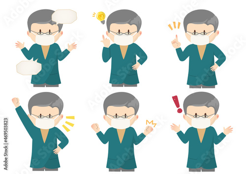 Elderly men with various gestures, with masks,さまざまな仕草の年配の男性 ,マスクあり	