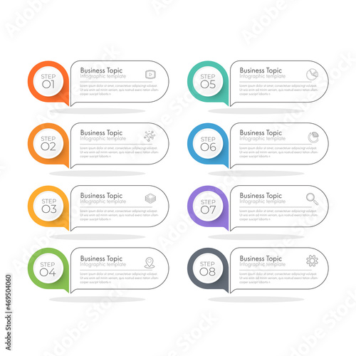 Modern infographics business design with 8 option concepts, parts, steps or processes can be used for workflow layout, diagram, number options, web design. infographic element.