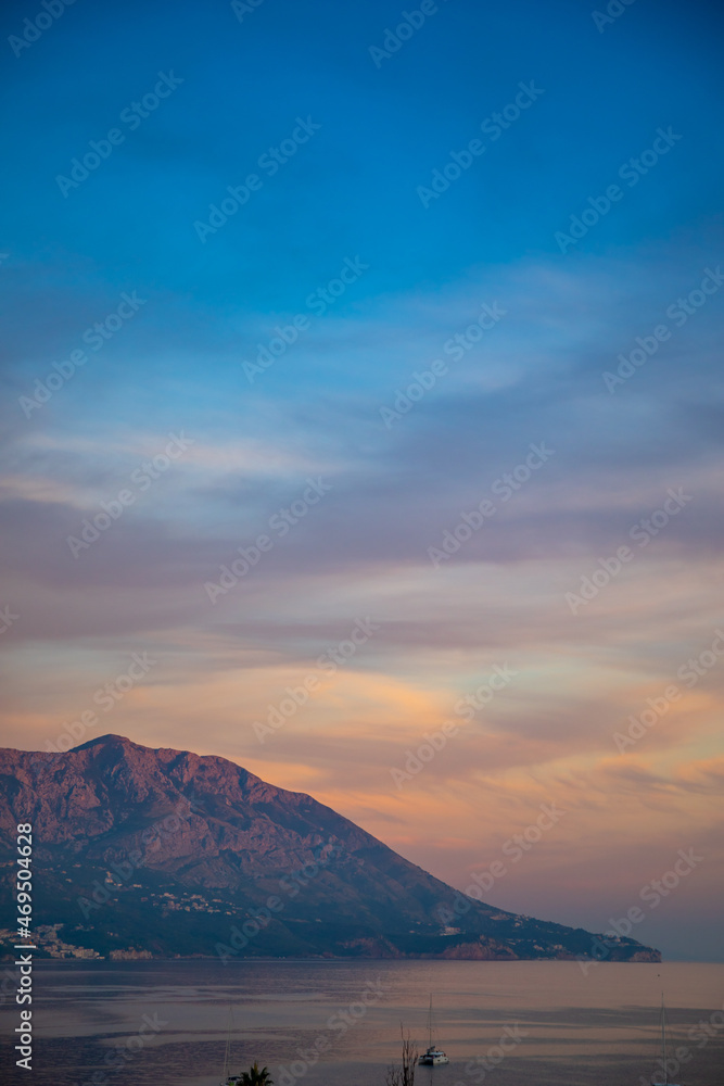 Pink mountain at sunrise ligths in Budva, Montenegro Pink mountain at sunrise ligths in Budva, Montenegro