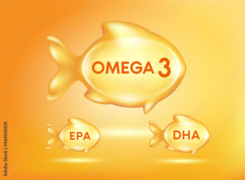 Vettoriale Stock Fish oil vitamins and omega 3 Nutrients DHA and EPA in  Fish shape supplemental shining orange. Benefits of pills improving mental,  heart, eyes, bones health, lower cholesterol level. 3D Vector