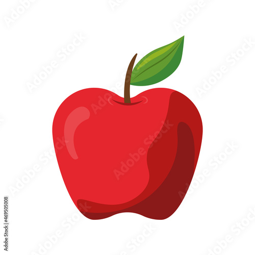 Red apple illustration with branch and green leaf. Colorful. Fresh. Isolated on white background