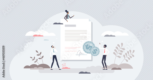 Invoicing or invoice paperwork as company financial bills tiny person concept. Finance documents and accounting receipts for customer vector illustration. Transaction status in official payment file.