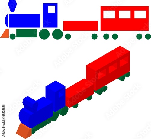 赤、青、緑のシンプルな平面・アイソメトリックのシンプルなSL機関車のイラスト.