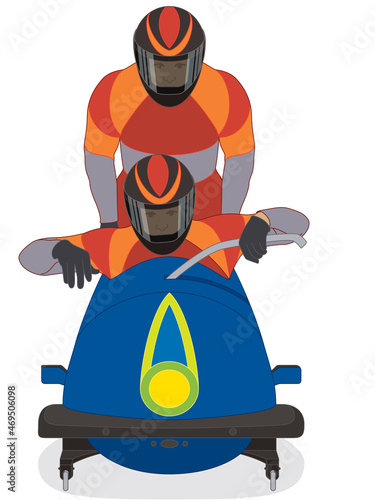 bobsleigh, bobsledding 2-man or 2-person crew at start of downhill run isolated on a white background