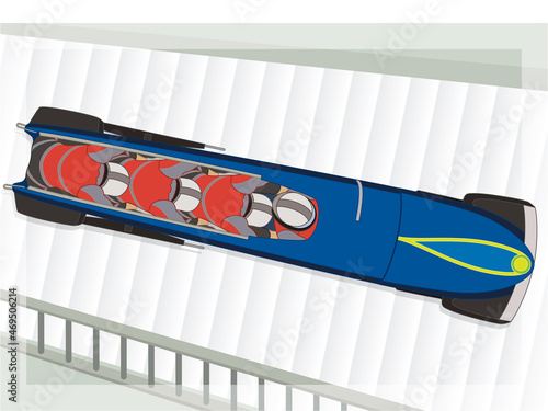 bobsleigh, bobsledding aerial view of 4-man or 4-person crew racing downhill on iced track