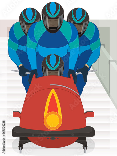 bobsleigh, bobsledding 4-man or 4-person crew at start of downhill run on iced track