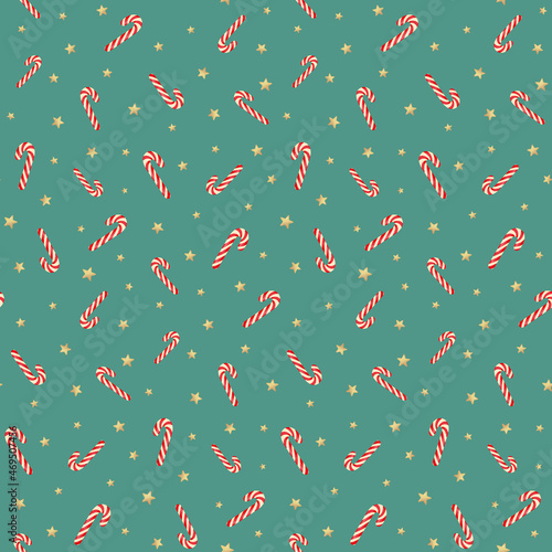 Vector seamless pattern with christmas candy canes and golden stars at blue background