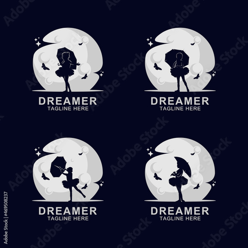 Dreamer silhouette logo on the moon with butterfly