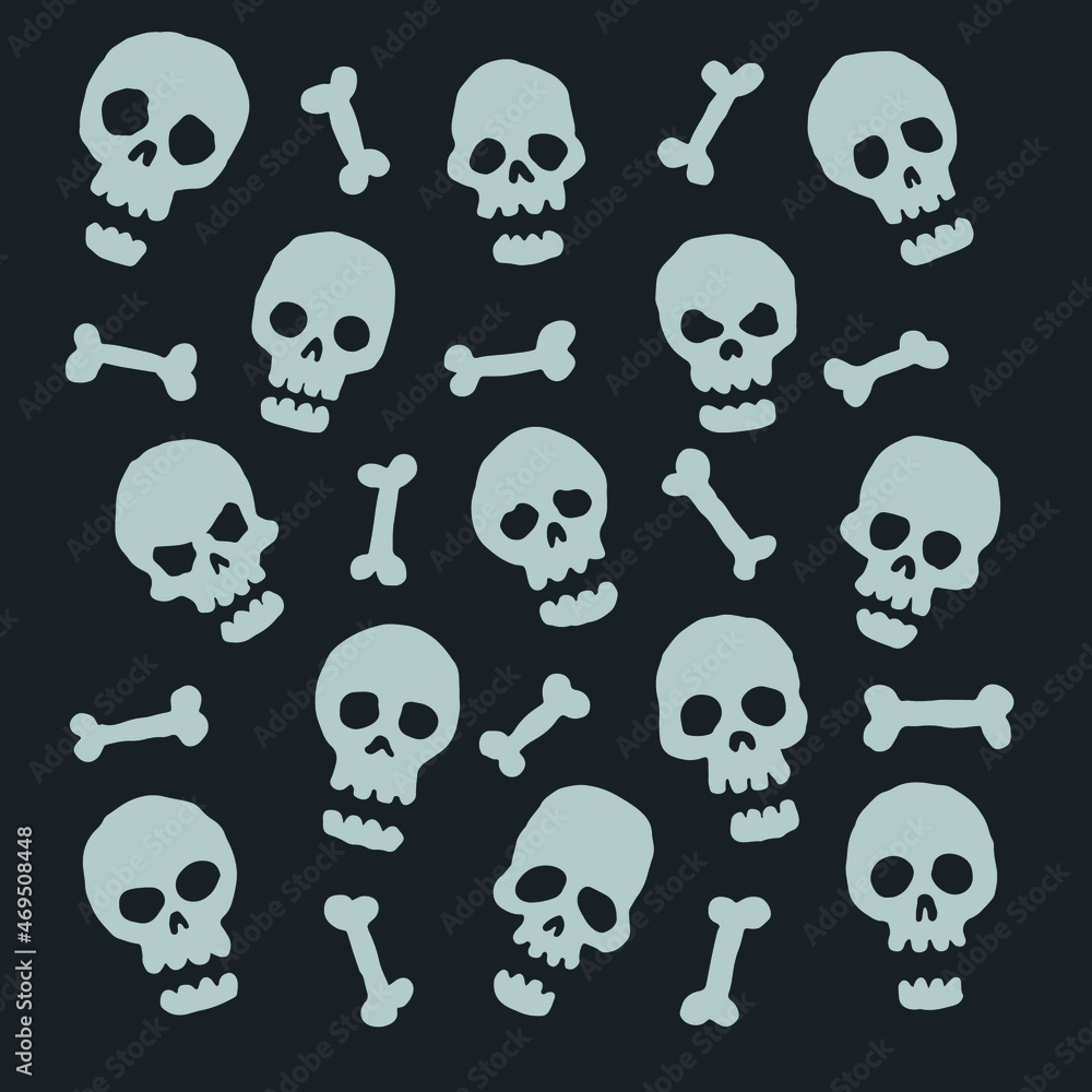 Set of hand drawn illustrations of skulls and bones on a dark background Set of hand drawn illustrations of skulls and bones on a dark background