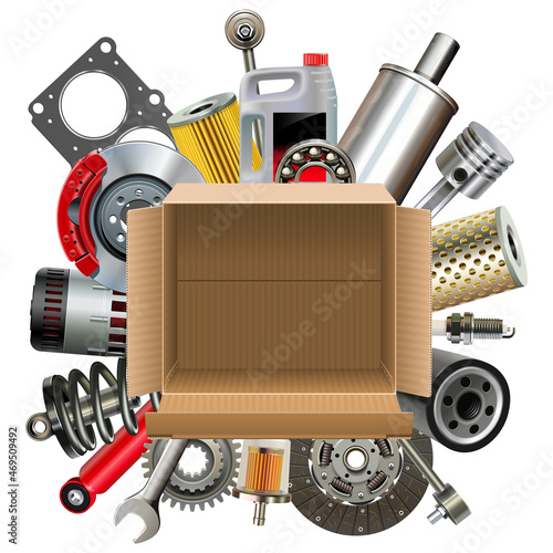 Vector Empty Carton Box with Car Spares