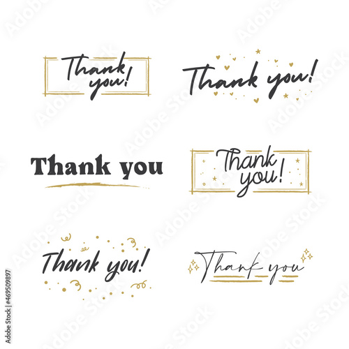 Thank You lettering compositions written with decorative calligraphic font. Bundle of gratitude phrase decorated with cute elements. Hand drawn thanks vector quotes.