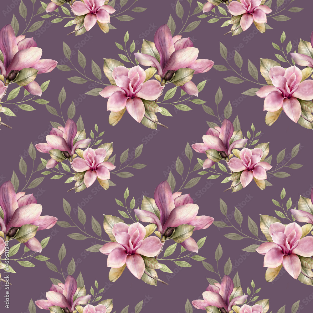 Seamless pattern of spring blooming branches of magnolia in a watercolor style.