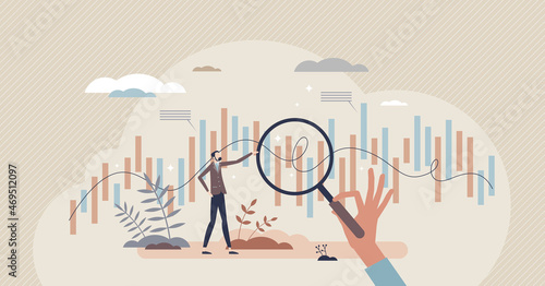 Statistical analysis and information data research audit tiny person concept. Business financial chart closeup examination for accounting planning or profit balance calculation vector illustration.