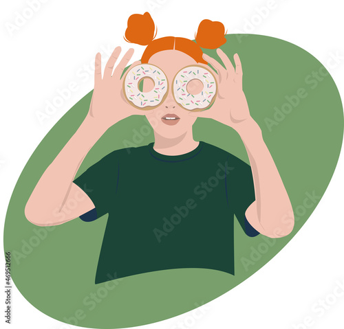 red-haired girl with donuts near her eyes in a green shirt, oval
