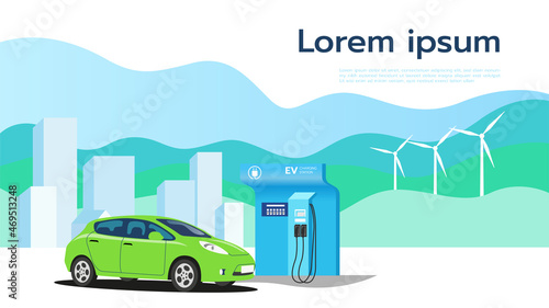 Fototapeta Naklejka Na Ścianę i Meble -  Electric cars parked to charge batteries at stations, clean energy for the future, illustrator design and isolated background.