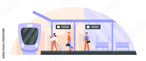 Flat vector illustration of passengers on a railroad platform. People with luggage on railway station. Public transport concept.