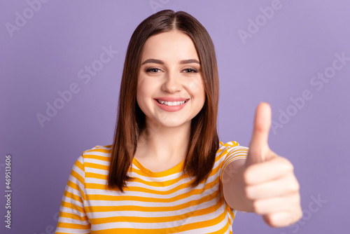 Wallpaper Mural Photo of young lovely lady good mood show thumb-up cool ads approve great isolated over violet color background Torontodigital.ca