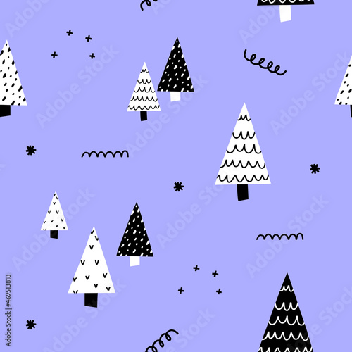 square vector seamless pattern for christmas. Black and white geometric Scandinavian style trees and doodles. Scandinavian hugge christmas. Simple neutral print for fabric, wrapping, stories