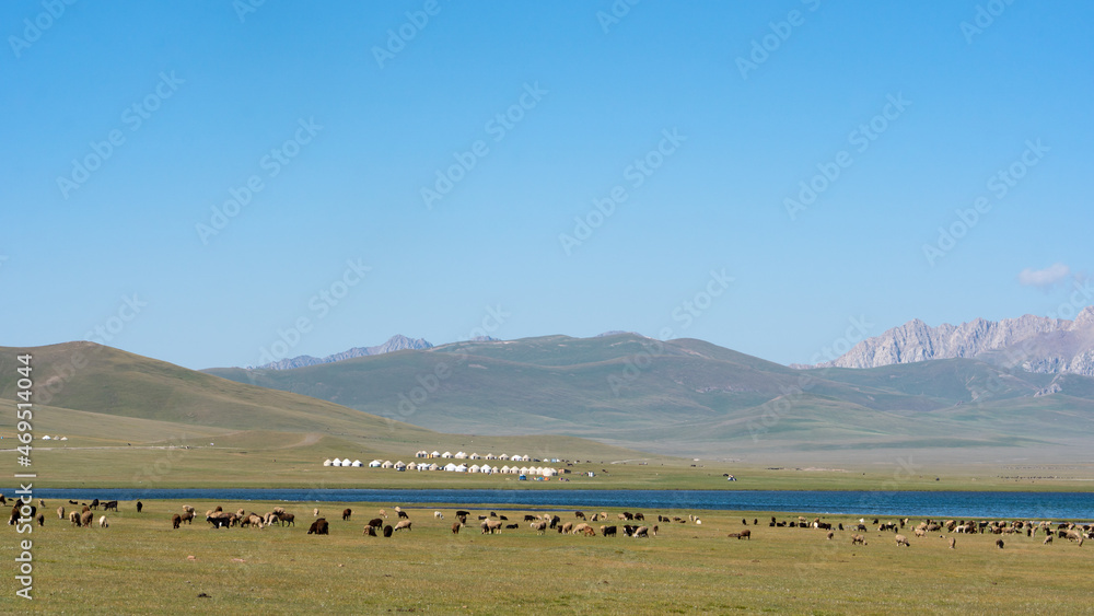 Fototapeta premium Issyk-Kul Lake with Mountain Backdrop Issyk-Kul Lake shimmers under the sunlight, surrounded by the majestic peaks of Kyrgyzstan, a breathtaking natural attraction