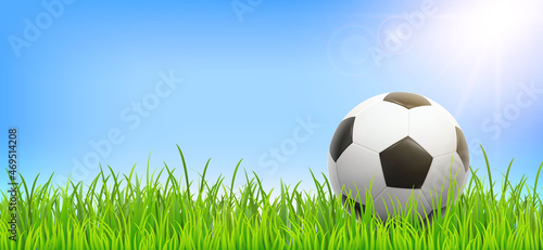 Football background with soccer ball  grass and sky. Vector realistic summer field  for poster  banner  flyer. Vector illustration EPS10