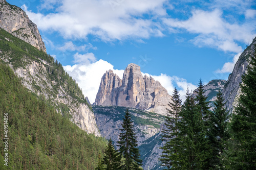 Beautiful sunny day in Dolomites mountains. View on Tre Cime di Lavaredo - three famous mountain peaks Unesco
