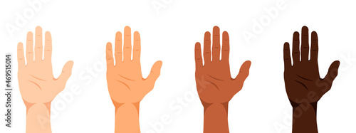 A set of hands of people of different nationalities and races: Europeans, Asians, Caucasians, African Americans, etc. Hands of different skin colors. Flat style. Vector illustration