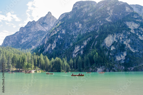 Lake Braies  also known as Pragser Wildsee or Lago di Braies  in Dolomites Mountains  Sudtirol  Italy. Romantic place with typical wooden boats on the alpine lake. Hiking travel and adventure.