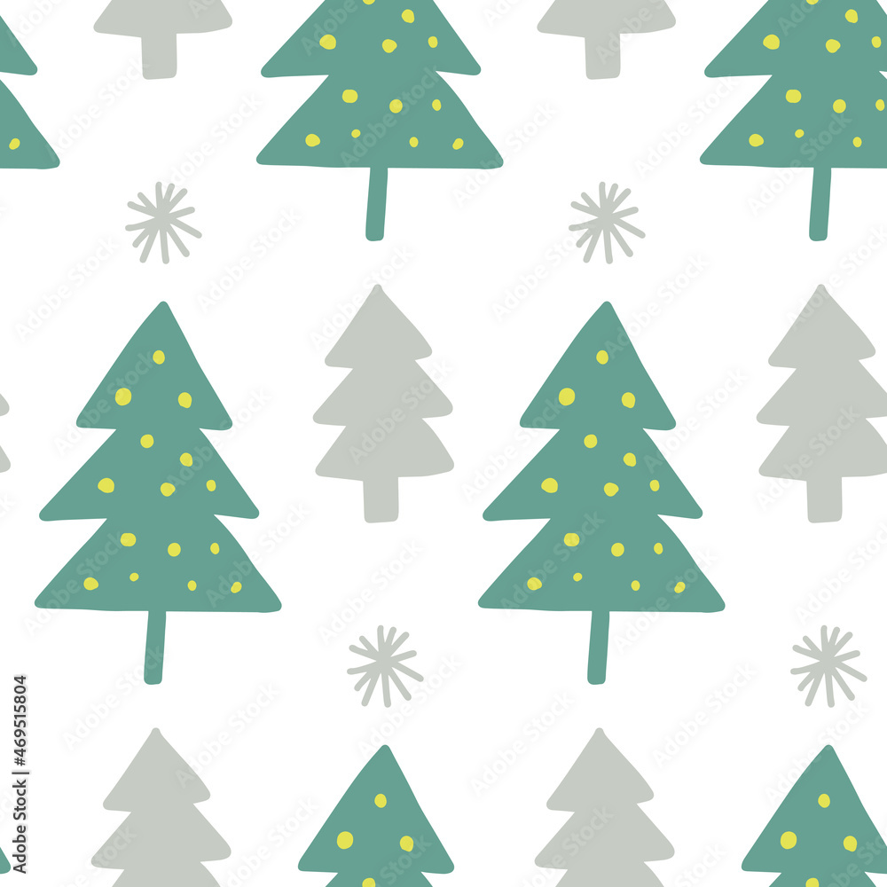 Fototapeta premium Cute winter seamless pattern background with Christmas tree simple doodles and snowflakes in childish hand drawn style. Seasonal New Year holiday festive backdrop texture, print.