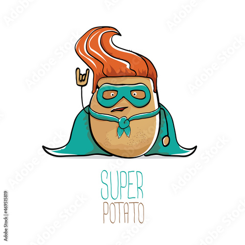 vector funny cartoon cute brown super hero potato with green hero cape and hero mask isolated on white background. My name is potato vector concept. super vegetable food character