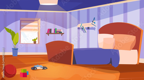Childrens room concept. Apartment with furniture for boy - bed with pillows, toy car and plane, ball, cubes, bookshelf, houseplant and window. Vector illustration background in flat cartoon design