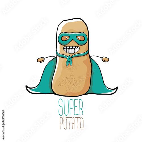 vector funny cartoon cute brown super hero potato with green hero cape and hero mask isolated on white background. My name is potato vector concept. super vegetable food character