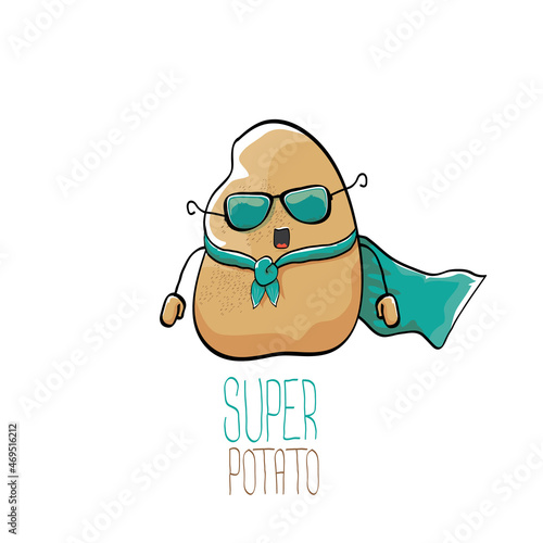 vector funny cartoon cute brown super hero potato with green hero cape and hero mask isolated on white background. My name is potato vector concept. super vegetable food character