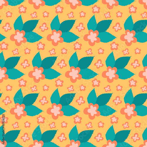 Blooming bush with leaf, seamless pattern yellow pink green floral background wallpaper textile