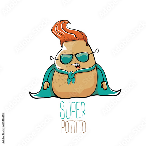 vector funny cartoon cute brown super hero potato with green hero cape and hero mask isolated on white background. My name is potato vector concept. super vegetable food character