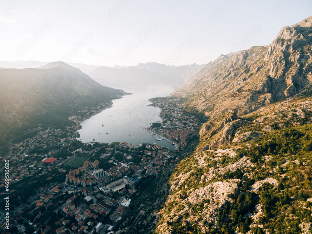 Old town on the shores of the Kotor Bay. View from Mount Lovcen, Montenegro