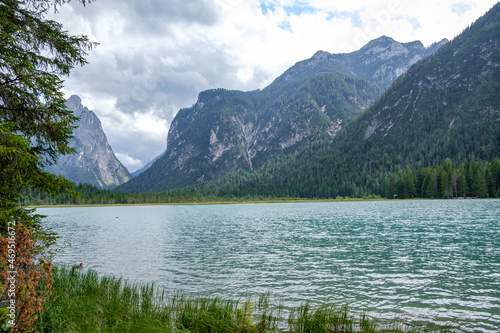 Fototapeta Naklejka Na Ścianę i Meble -  Panorama of Lake dobbiaco, Dolomites mountain