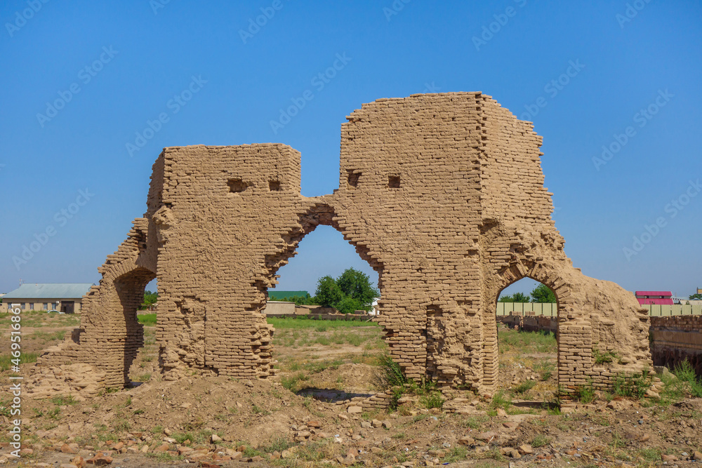 Remains of an arched gate of a religious or residential building in Termez, Uzbekistan. Located a stone's throw from the Sultan Saodat complex