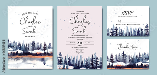 Wedding invitation set of watercolor winter landscape with pine trees and snow