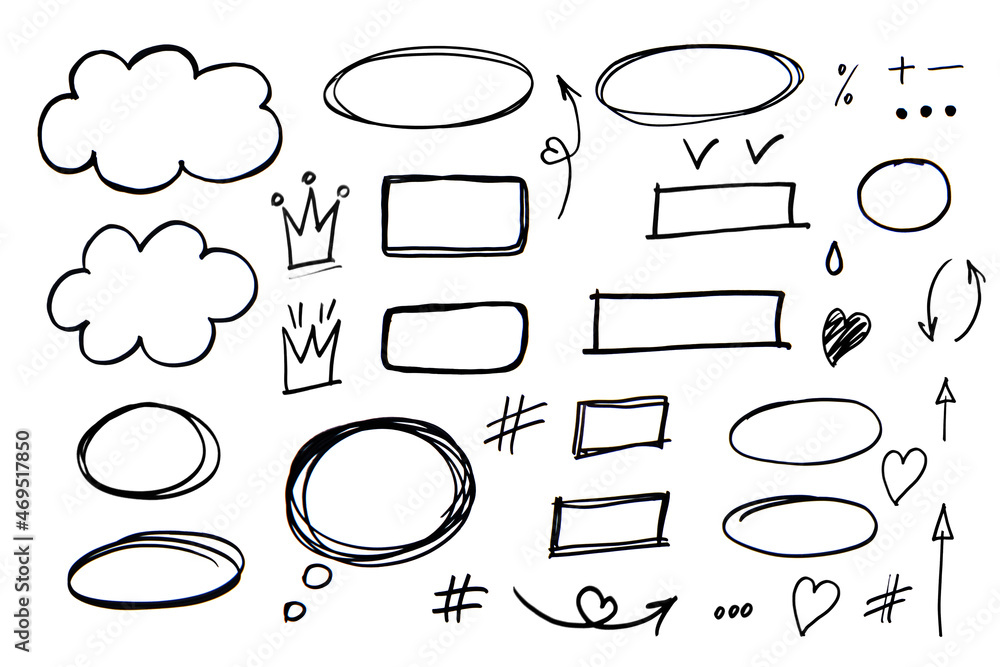 A set of illustrations drawn by hand with a marker arrows bubbles, arrows, circles, rectangles, hearts, lines. doodle A set of illustrations drawn by hand with a marker arrows bubbles, arrows, circles, rectangles, hearts, lines. doodle