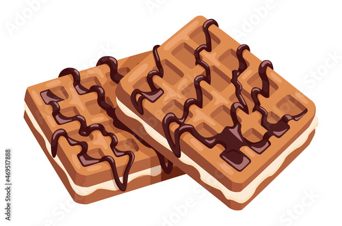 cartoon belgian waffles. Cream wafer with chocolate topping