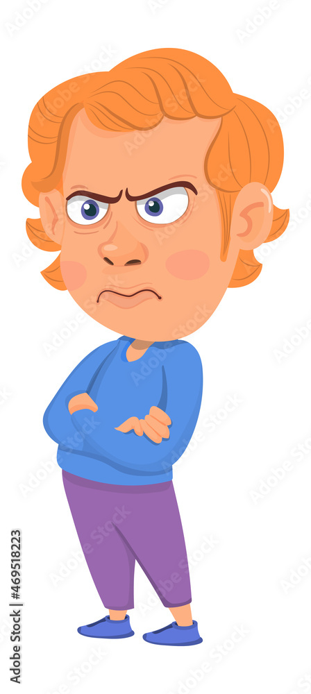 Fototapeta premium Angry man crossed arms. Red hair cartoon character.