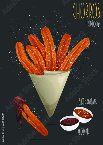 Churro stick in apaper bag. Churro - Fried dough. Traditional Spanish dessert churros with sugar, chocolate and salted caramel sauce. Vector illustration