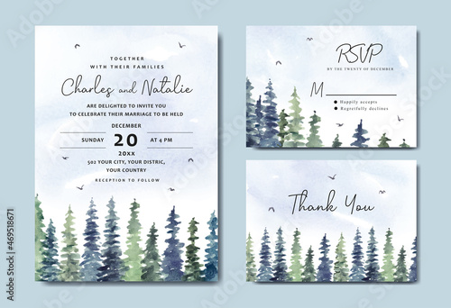 Wedding invitation set of pine trees watercolor