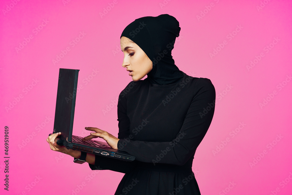 muslim woman in black hijab laptop technology internet business muslim woman in black hijab laptop technology internet business