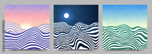 Vector illustration. Minimalist futuristic style. Design for web banner, social media template. Hypnotic striped background. Black and white lines. Mountain, sea wave landscape background. Clear sky