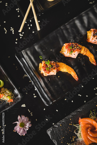 Perfect Sushi Japanese Asian Seafood Food Dish Menu Gourmet Restaurant Chef on Dark Background