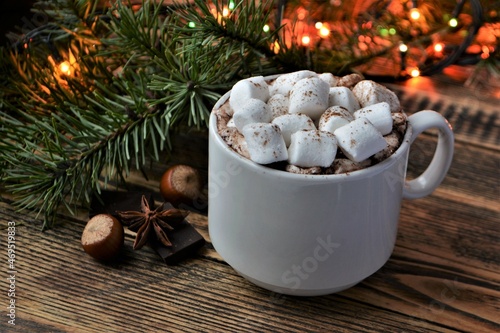 Cup of hot chocolate or cocoa with marshmallows. Cozy winter holidays and Christmas