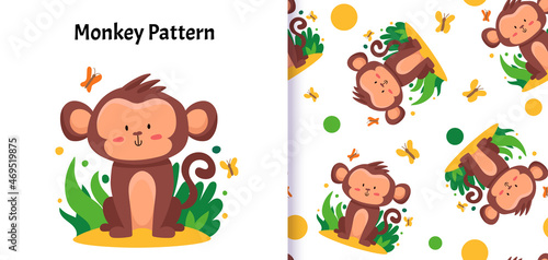 Seamless pattern with cute Monkey. Vector illustration for kids. Can be used for textiles print  and gift wrapping Baby Shower. Vector cartoon illustration